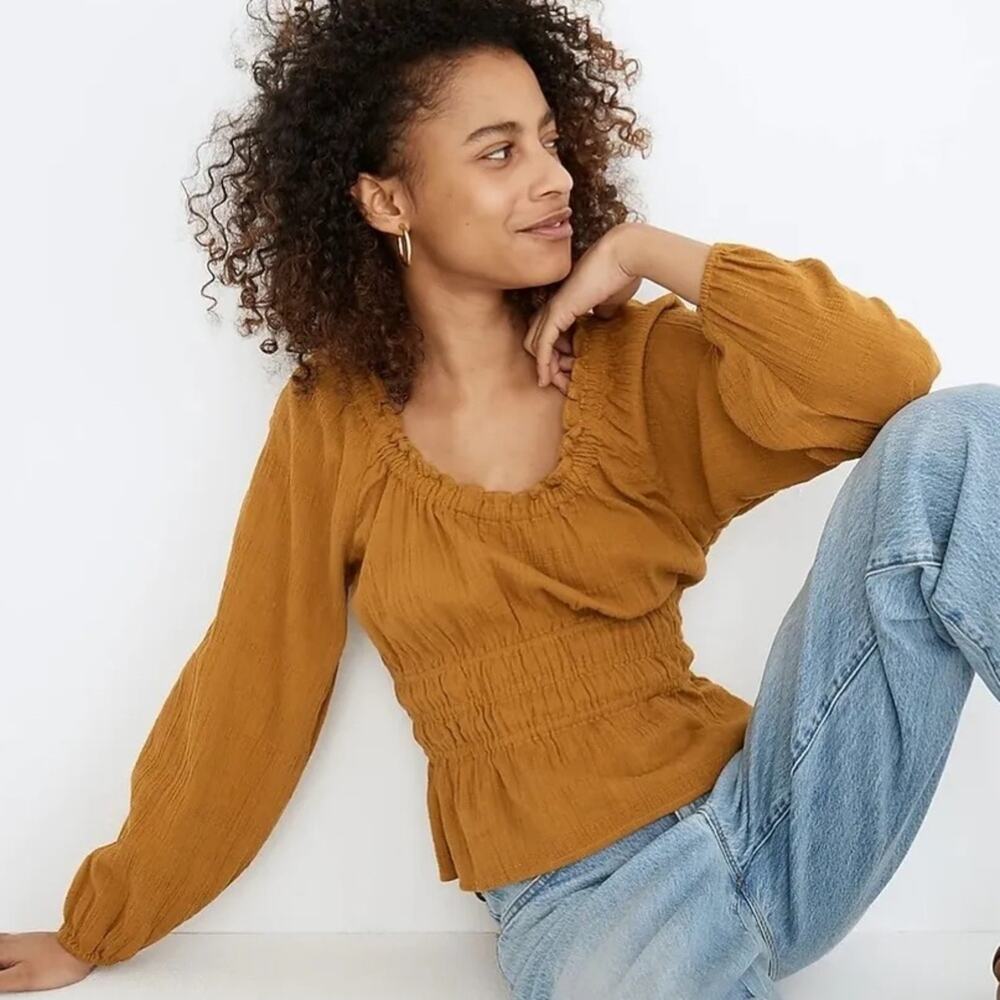 Madewell Sophia Peasant Top Blouse Textured Plaid Antique Gold Size Small